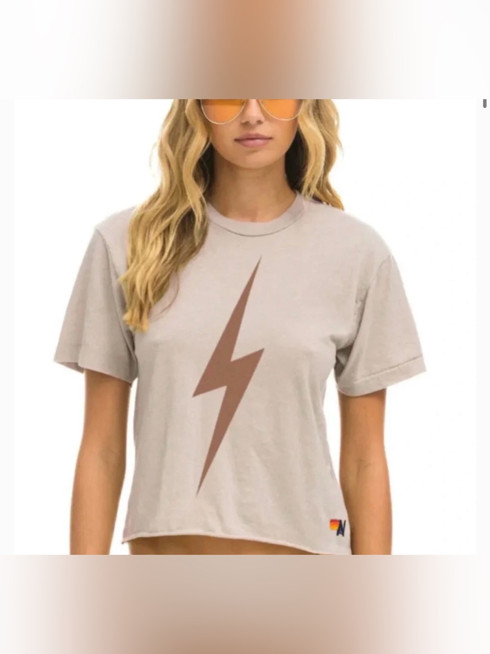 Aviator Nation Lightning Bolt Cropped Tee XS Beige